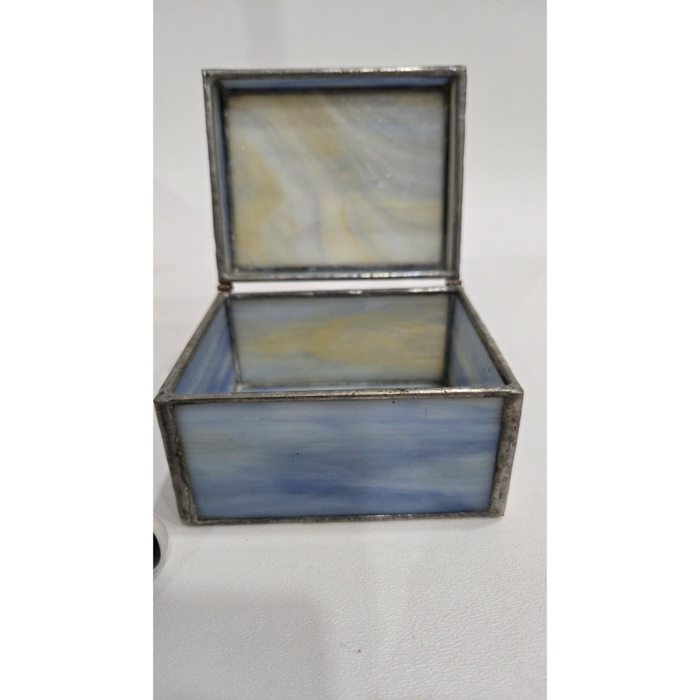Vintage Stained Glass Trinket Jewelry Box Blue Slag Swirl Hinged Cracked Top